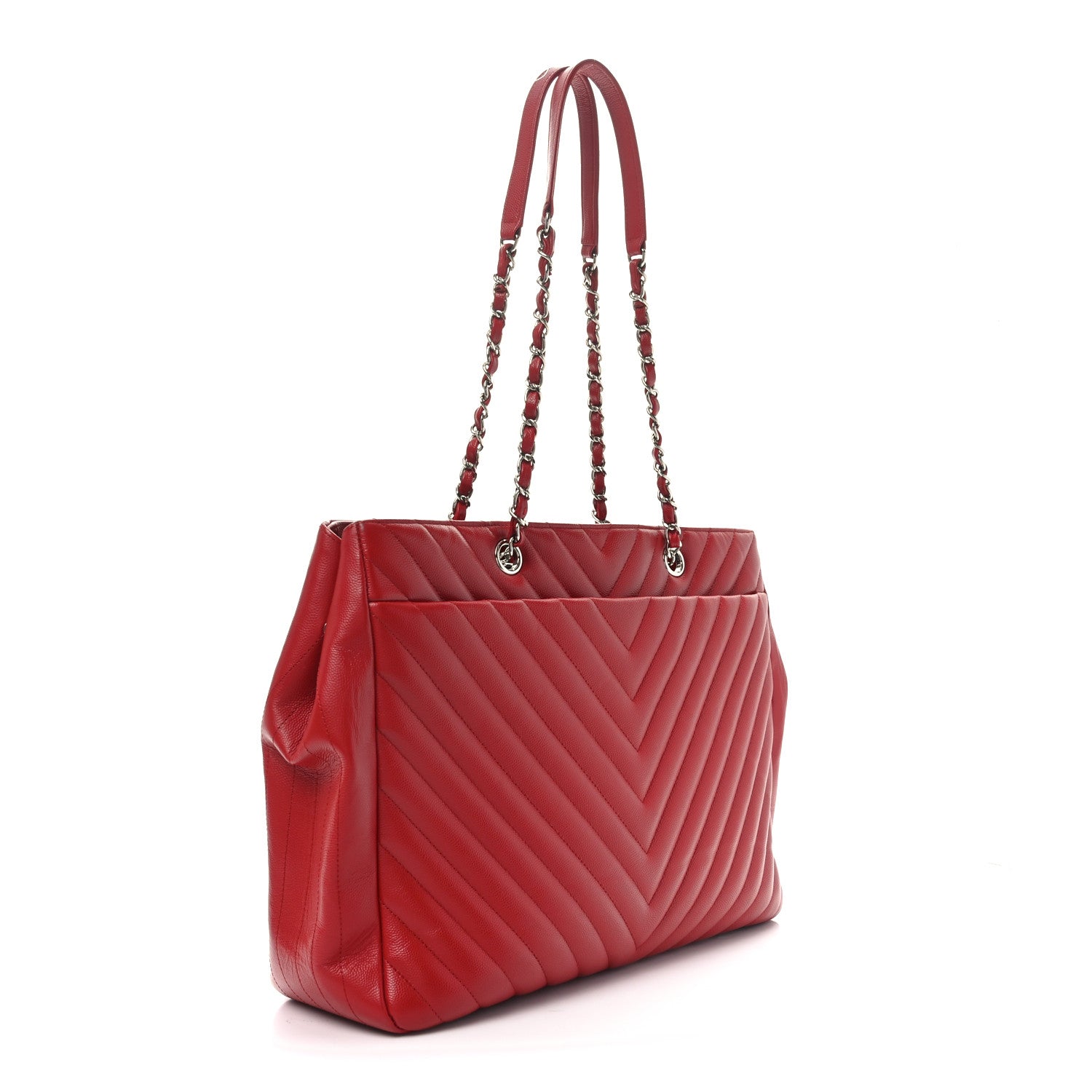 Chanel Caviar Chevron Quilted Large Coco Handle Shopping Tote Red 3 of 10