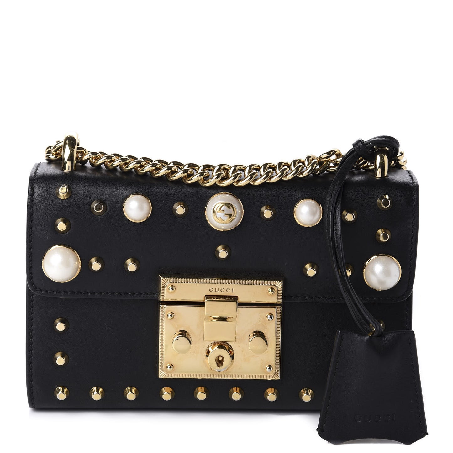 Calfskin Studded Small Padlock Shoulder Bag Black