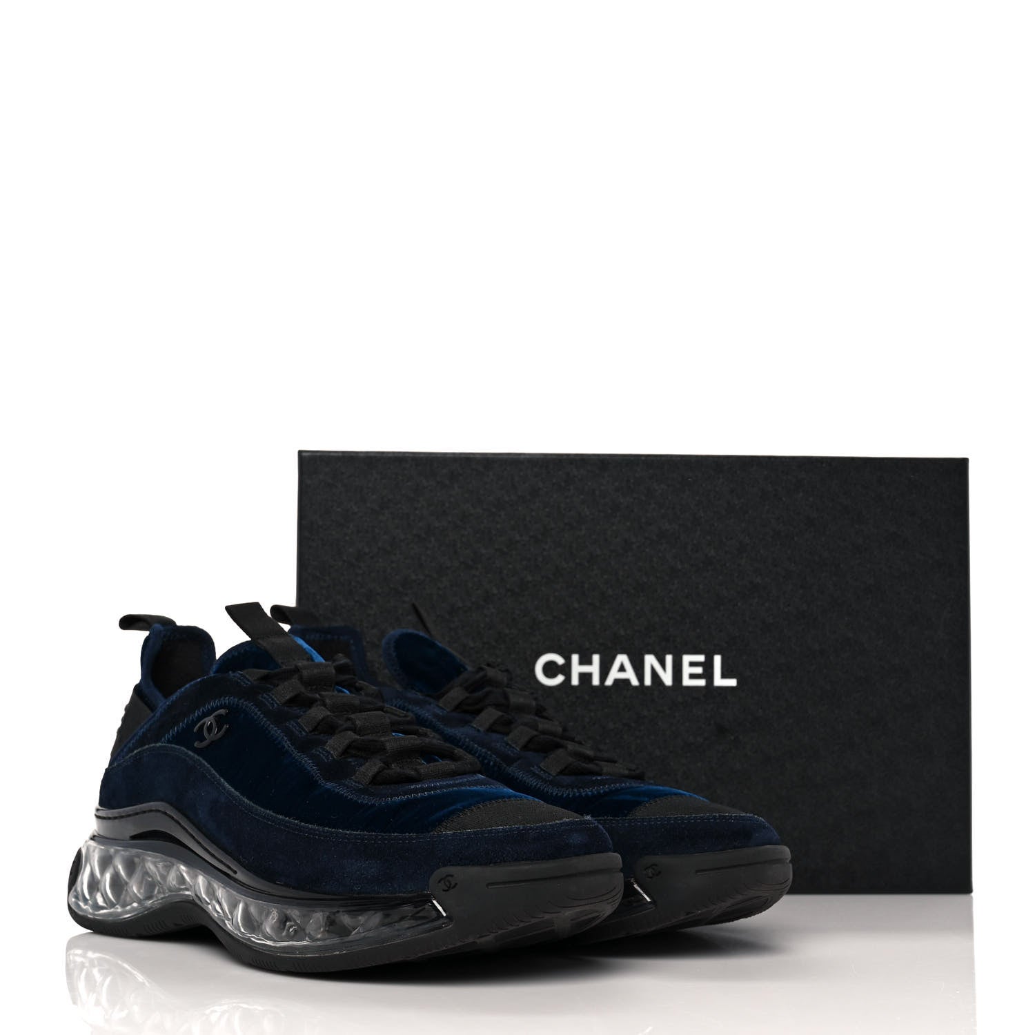 Chanel Suede Calfskin Velvet Grosgrain CC Sneakers 39.5 Navy Blue Black 10 of 10