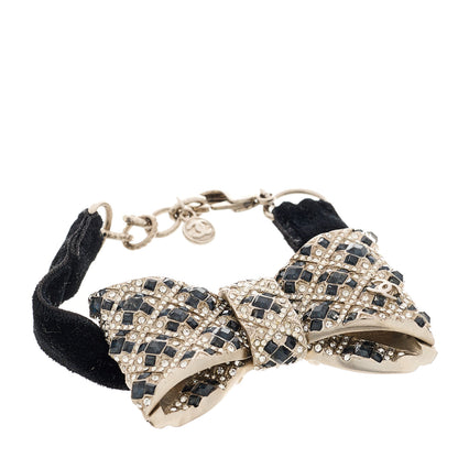 Chanel Crystal Velvet CC Bow Bracelet Black Silver 1 of 4