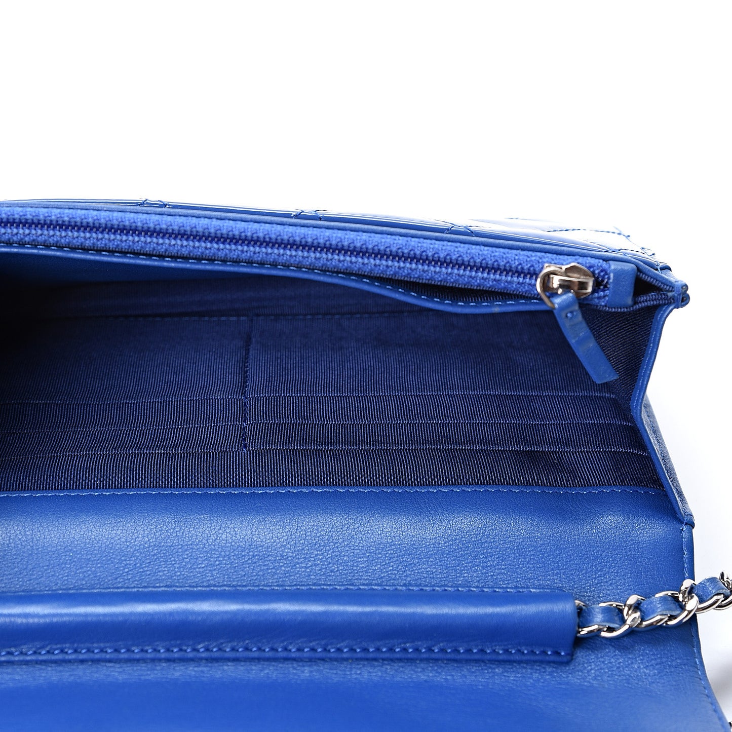 Patent Calfskin Quilted Wallet On Chain WOC Dark Blue