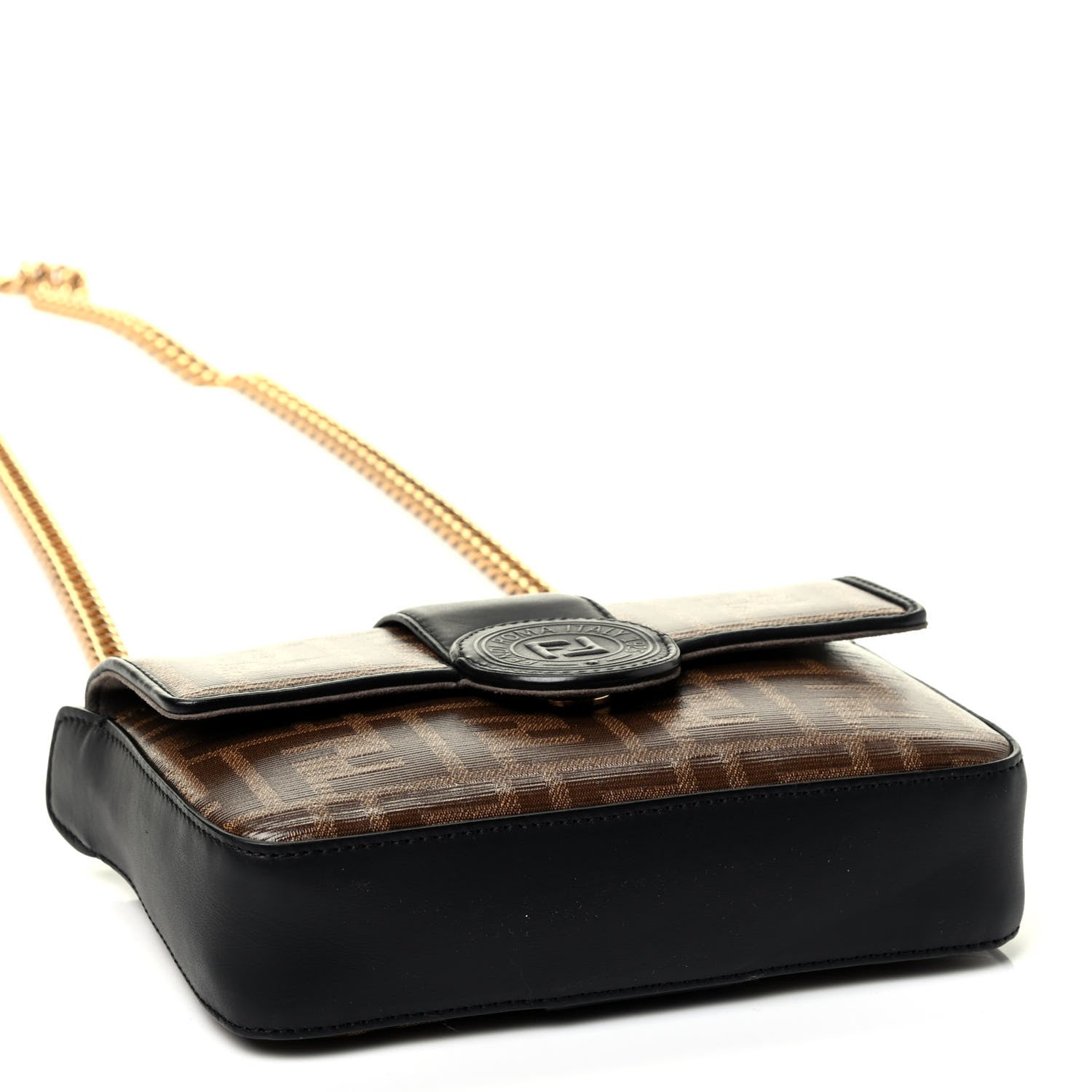 Fendi Glazed Fabric Vitello Century FF 1974 Stamp Patch Mini Double F Crossbody Bag Mogano Panna Black 3 of 4