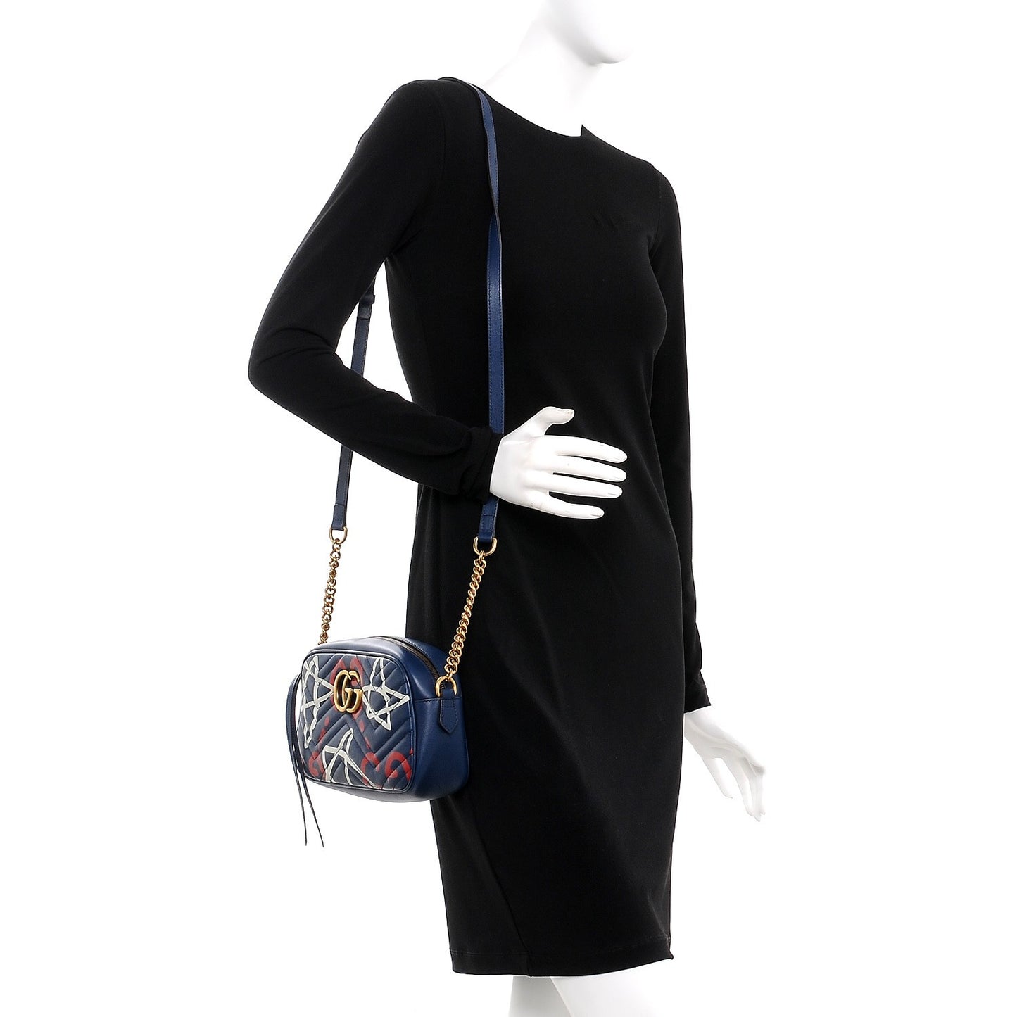 Calfskin Matelasse GucciGhost Small GG Marmont Chain Shoulder Bag Blue Agata Hibiscus Red