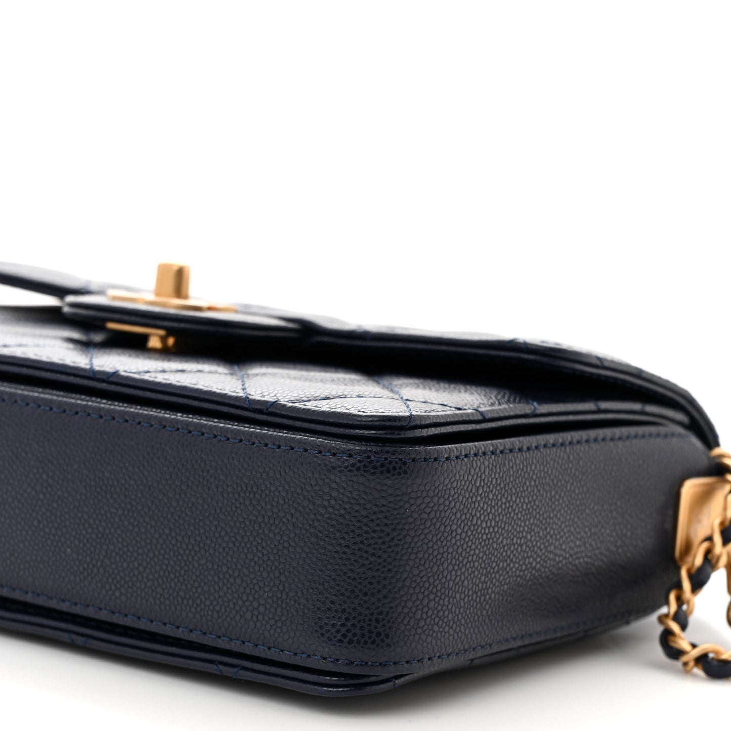 Shiny Caviar Quilted Mini Top Handle Flap Navy Blue