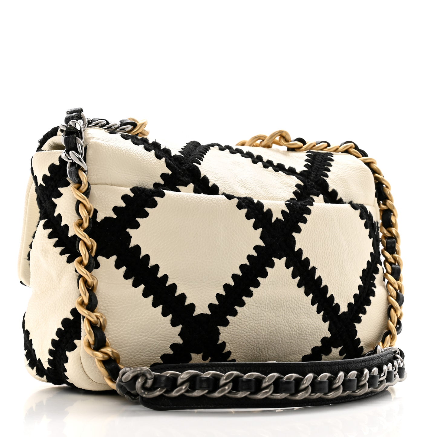 Calfskin Crochet Medium Chanel 19 Flap White Black