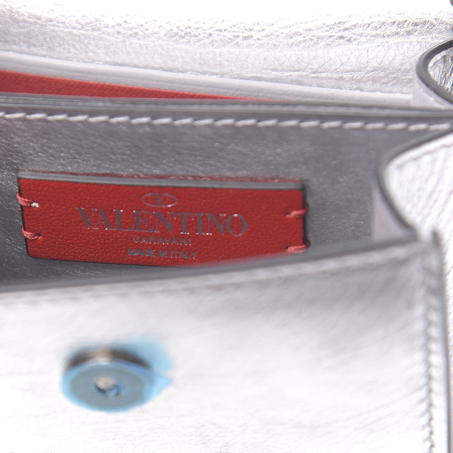 Metallic Calfskin Vlogo Compact Wallet with Chain Silver