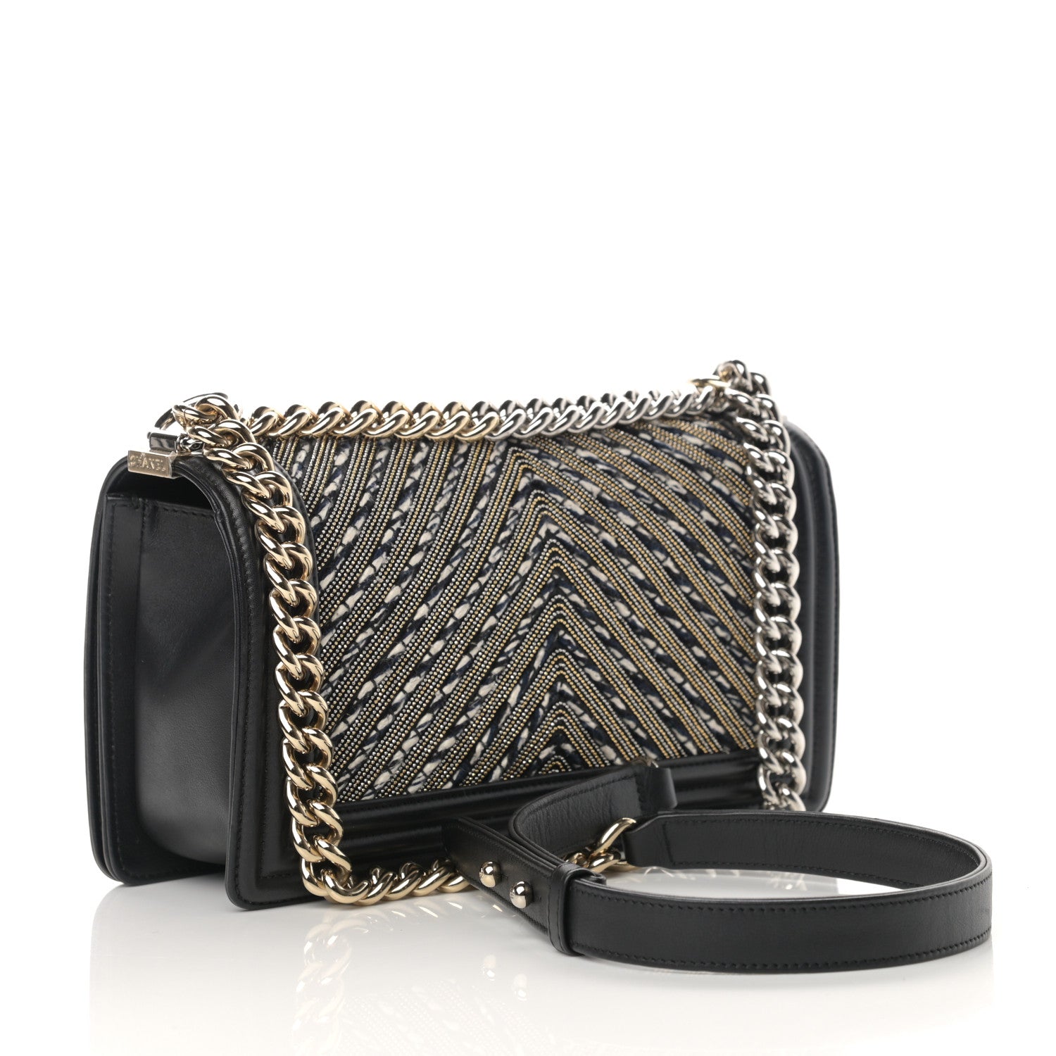 Chanel Calfskin Tweed Chain Chevron Boy Flap Black 3 of 15
