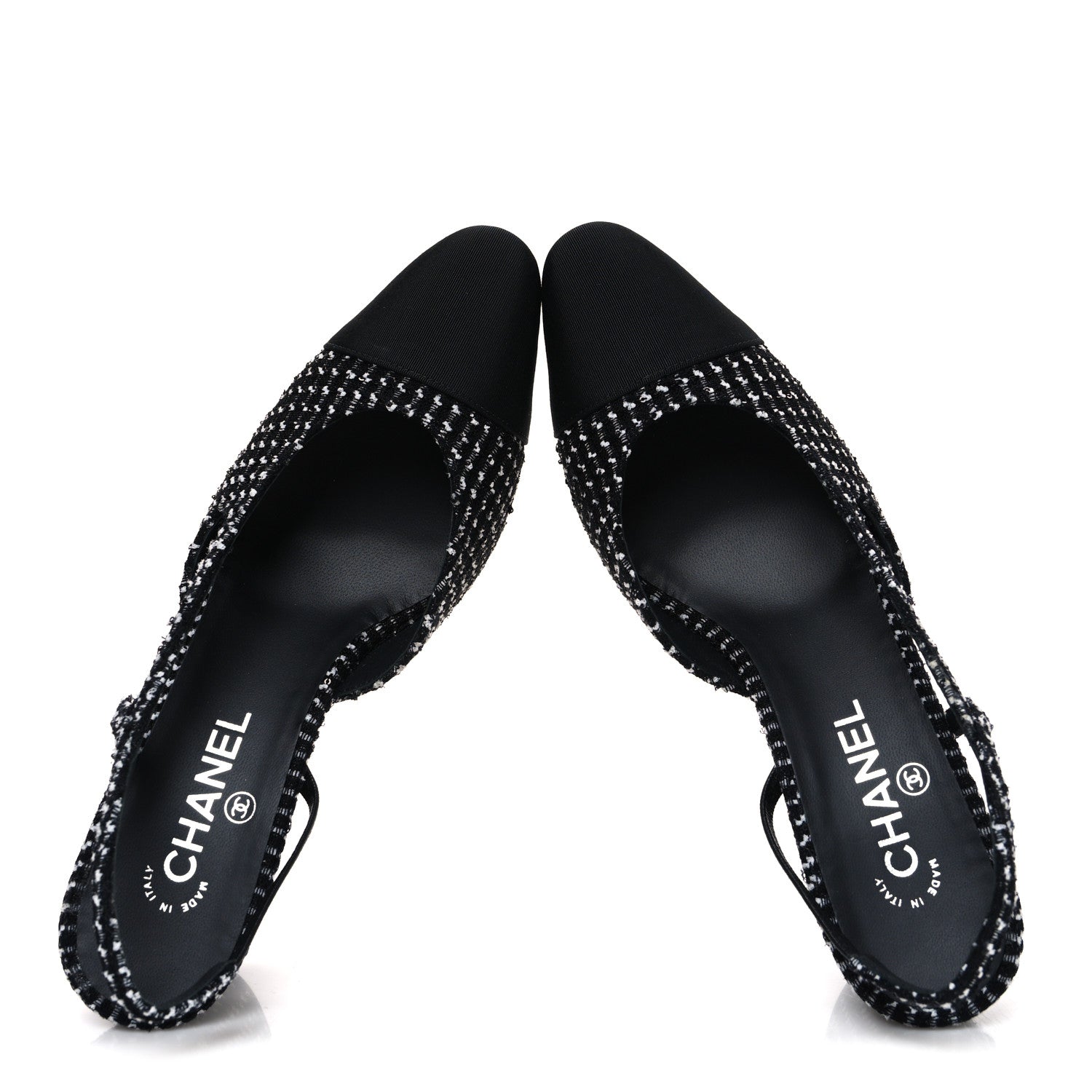 Chanel Tweed Grosgrain Cap Toe CC Slingback Pumps 40.5 Black White 2 of 11