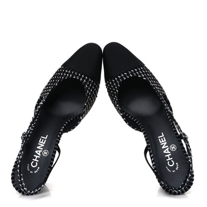 Chanel Tweed Grosgrain Cap Toe CC Slingback Pumps 40.5 Black White 2 of 11