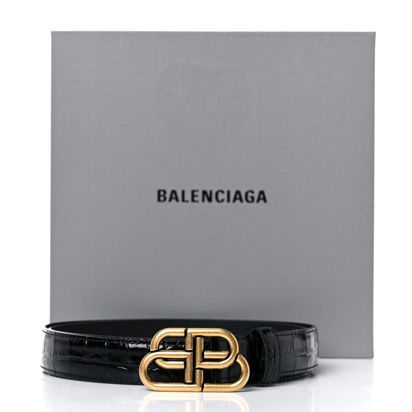 Shiny Calfskin Crocodile Embossed BB 25mm Thin Belt 85 34 Black