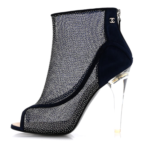 Mesh Crystal Open Toe Ankle Boots 40 Navy