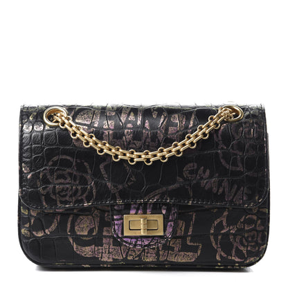 Chanel Calfskin Crocodile Embossed Graffiti 2.55 Mini Cocodile Reissue Flap Black Pink 1 of 12