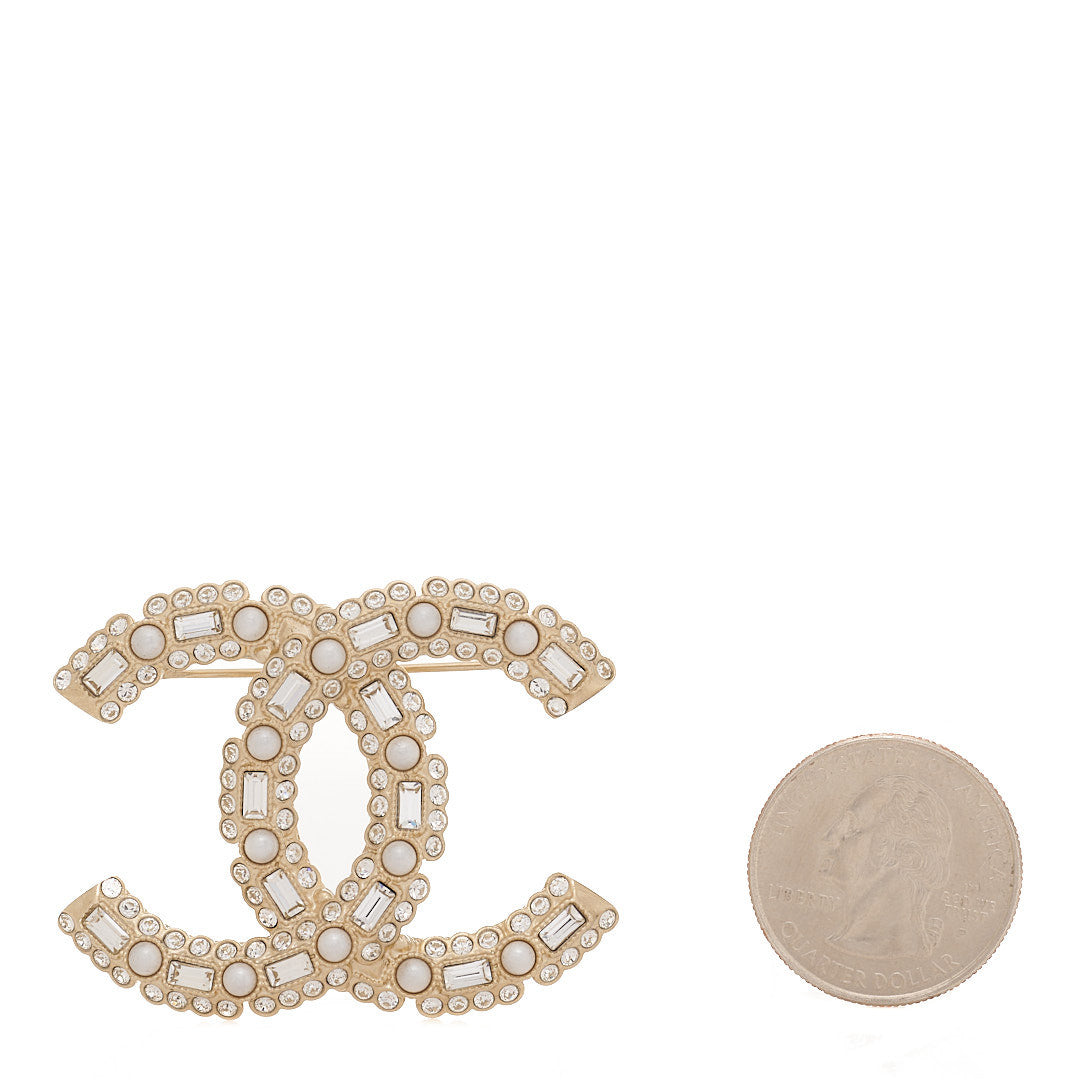 Chanel Crystal Baguette Pearl CC Brooch Gold Pearly White 2 of 5
