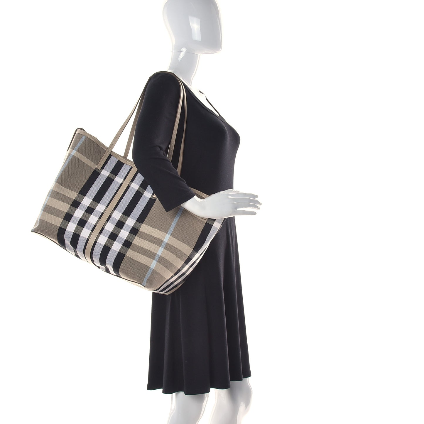 Canvas Calfskin Medium Check Beach Tote Dusty Sand