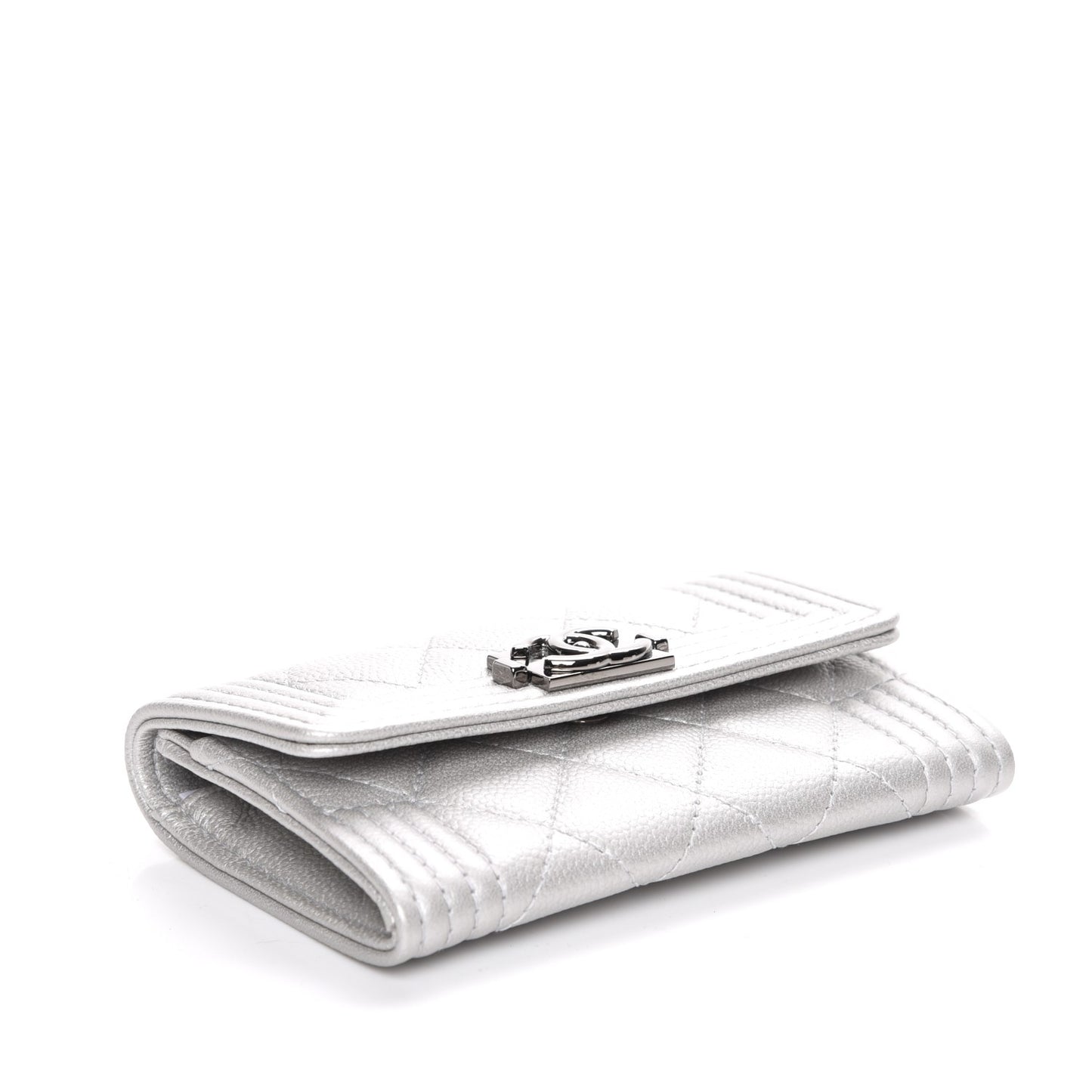 Metallic Caviar Quilted Boy Card Holder Wallet Silver