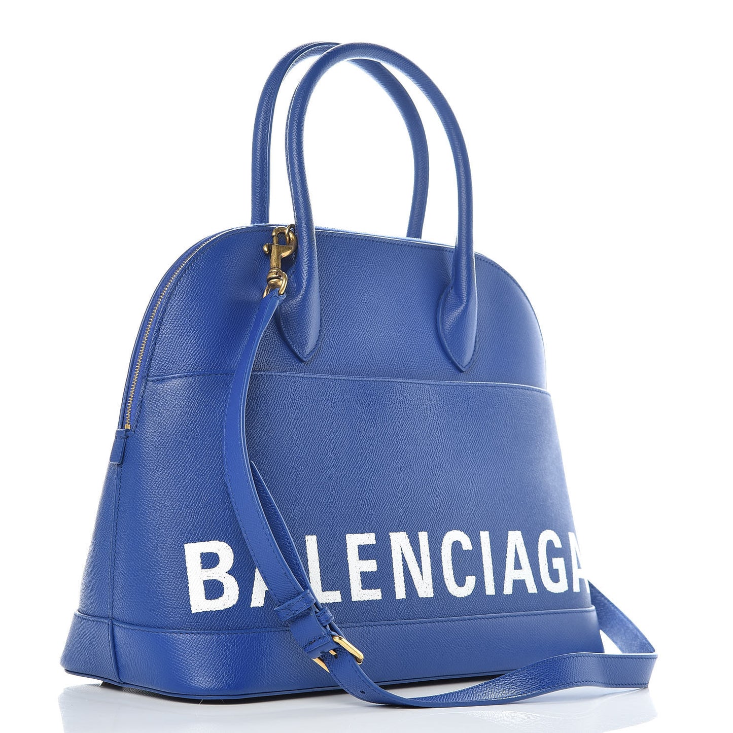 Signature Grained Calfskin Logo M Ville Top Handle Bag Bleu Roi White