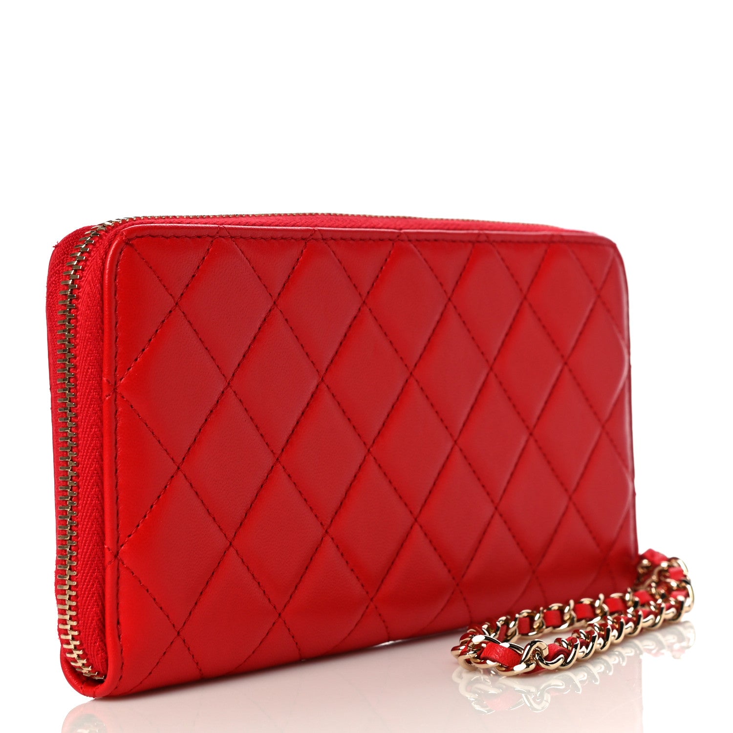 Chanel Lambskin Quilted Camellia Zip Around Wristlet Wallet Red 3 of 14