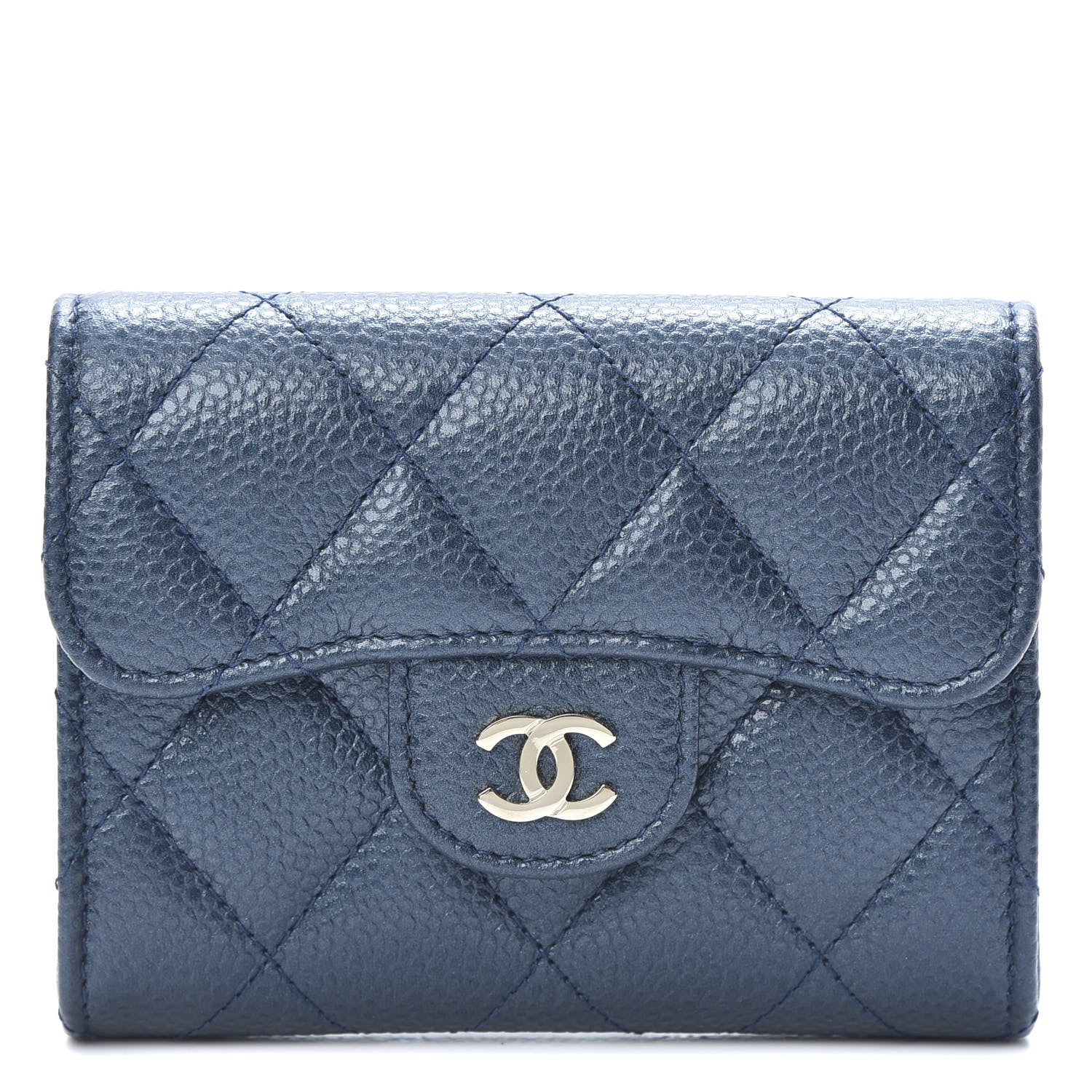 Chanel Metallic Caviar Quilted Flap Card Holder Wallet Dark Blue 1 of 9