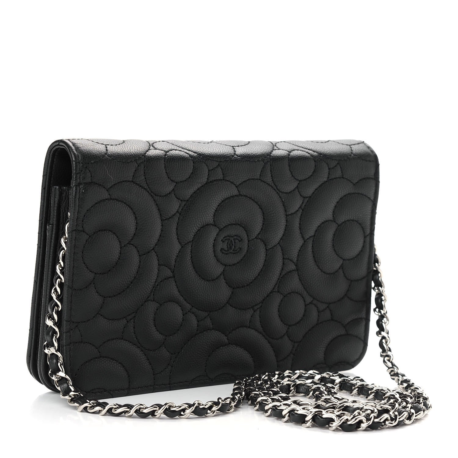 Chanel Caviar Camellia Embossed Wallet On Chain WOC Black 2 of 8