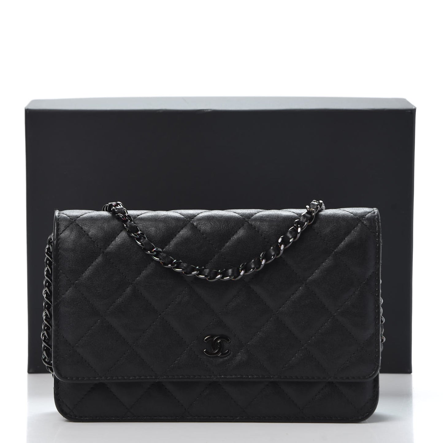 Crumpled Calfskin Quilted Wallet On Chain WOC So Black