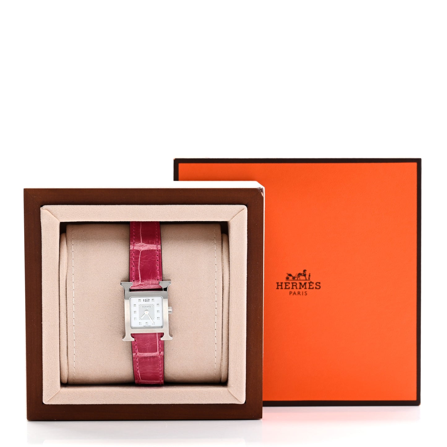 Stainless Steel Alligator Diamond Mother of Pearl 21mm Heure H Hour Quartz Watch Framboise
