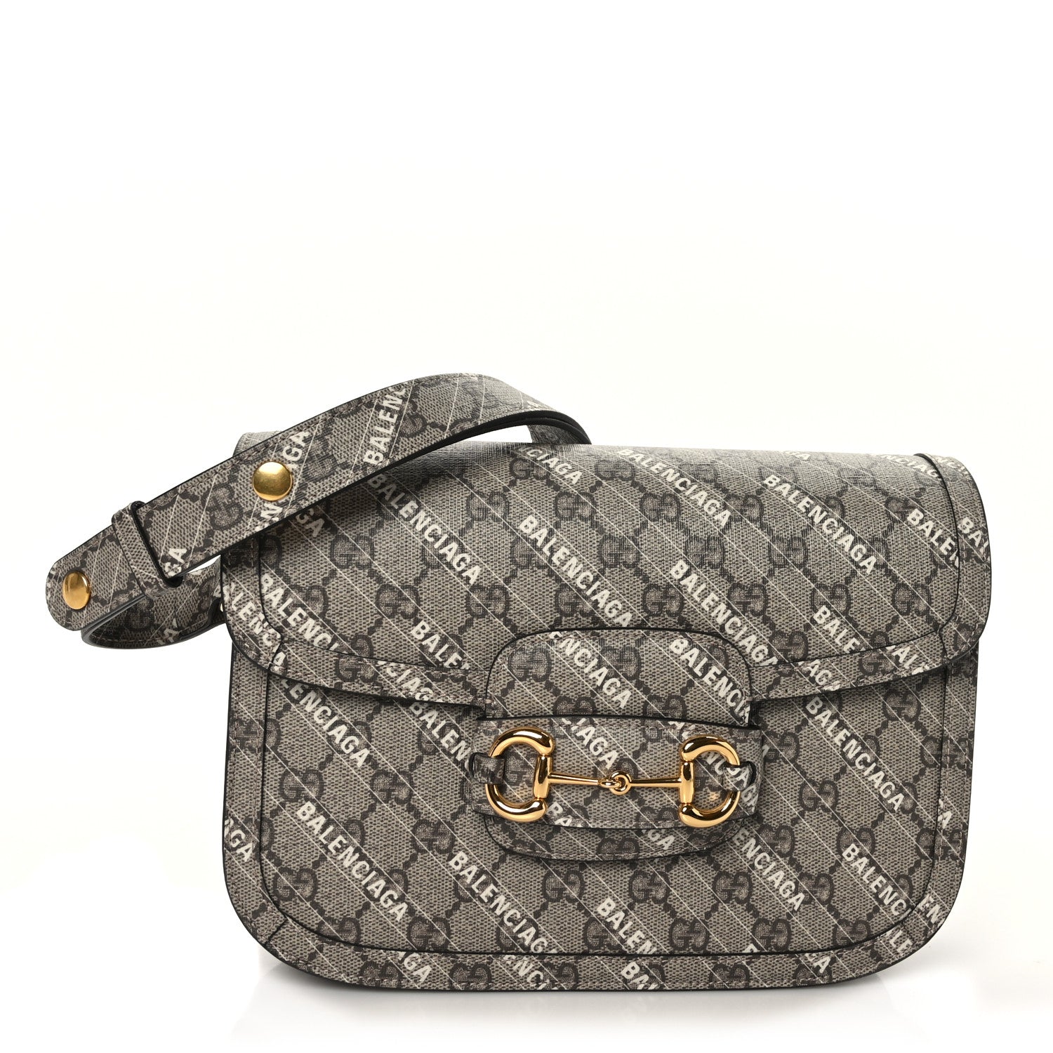 Gucci X BALENCIAGA GG Supreme Monogram Logo Print Horsebit 1955 Shoulder Bag Beige Ebony 1 of 9