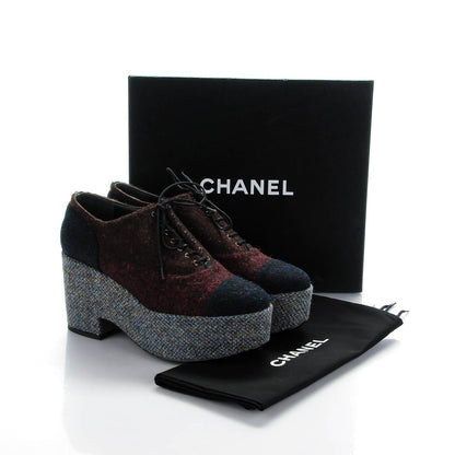 Chanel Tweed Platform Lace Ups 40.5 Burgundy Navy Gray 7 of 7