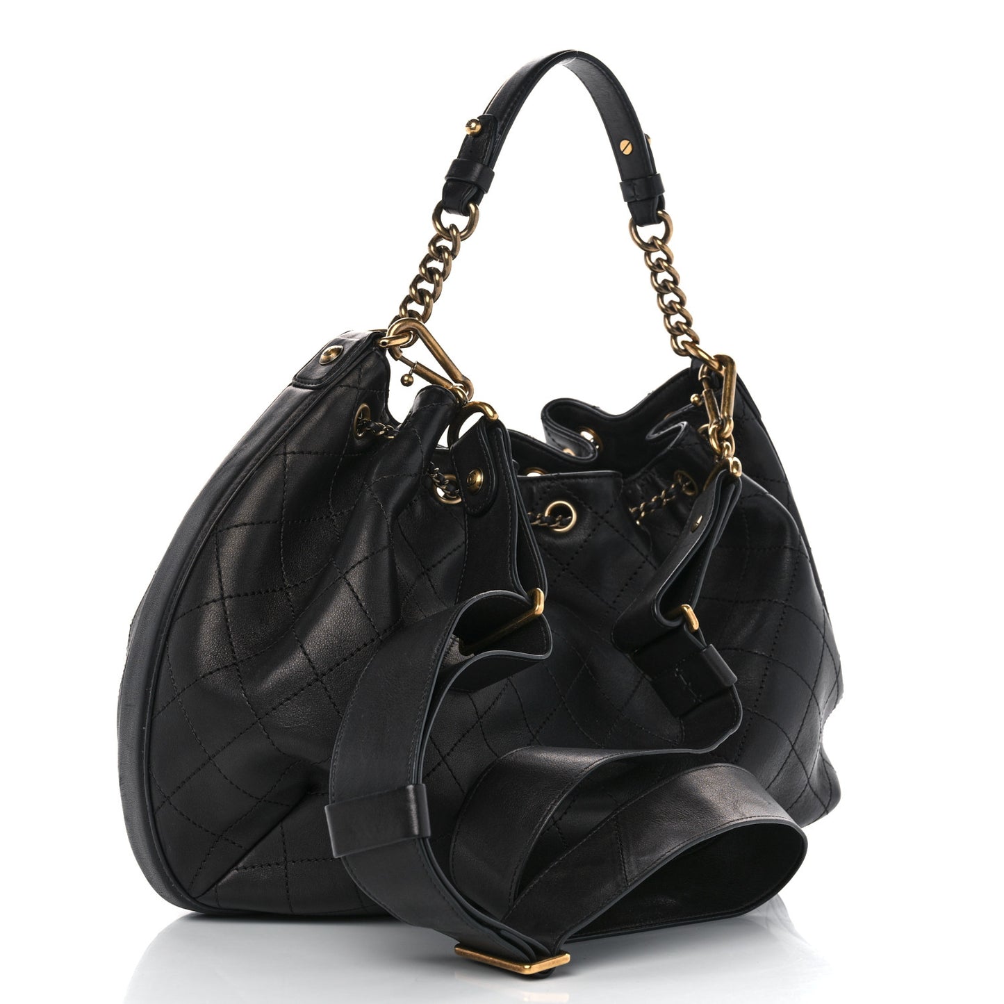 Calfskin Stitched Small Paris Rome Drawstring CC Bag Black