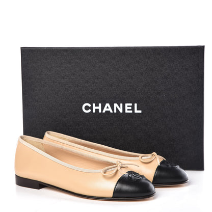 Chanel Lambskin Cap Toe CC Ballerina Flats 36.5 Beige Black 8 of 8