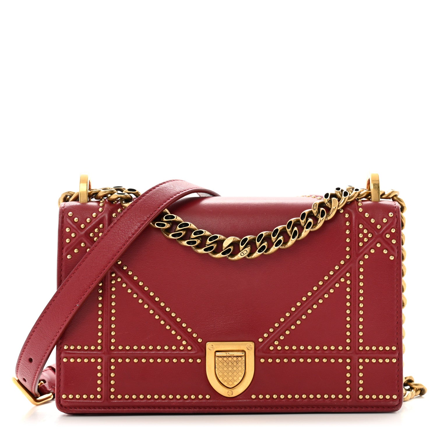 Christian Dior Calfskin Studded Small Diorama Flap Bag Burgundy 1 of 14