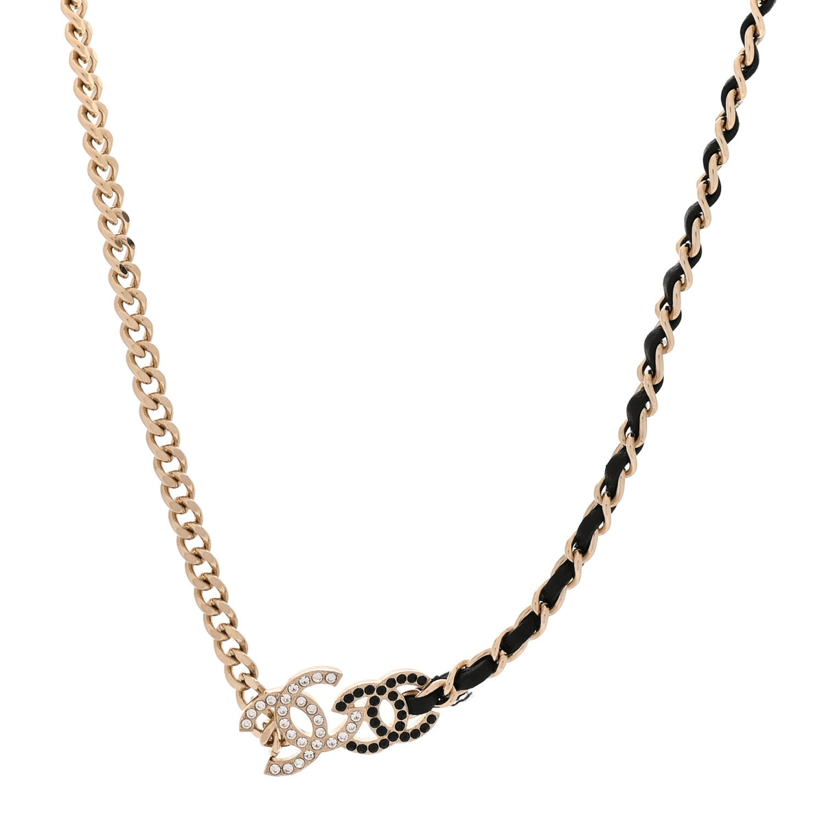 Chanel Metal Calfskin Crystal Double CC Short Necklace Black Gold 1 of 6