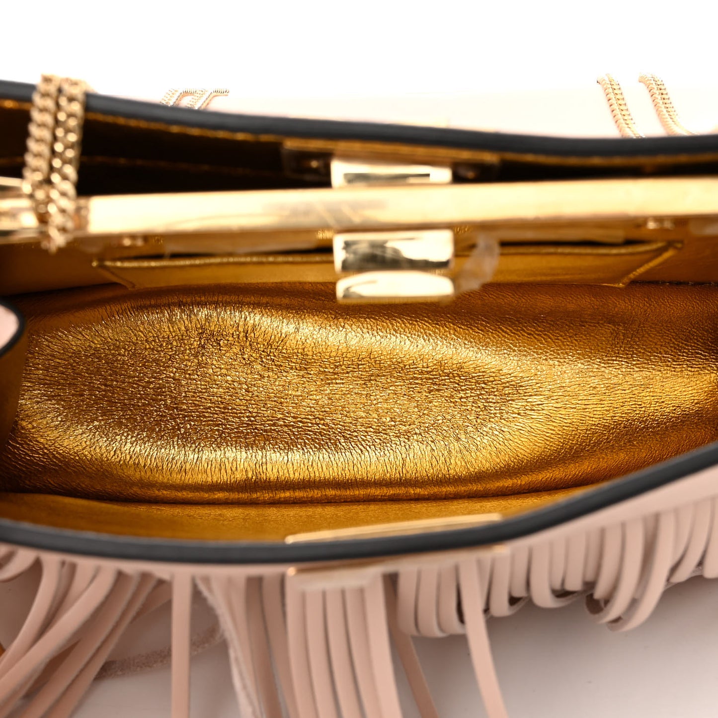 Nappa Fringe Small Peekaboo I SEE U East West Chain Satchel Rosa Quarzo