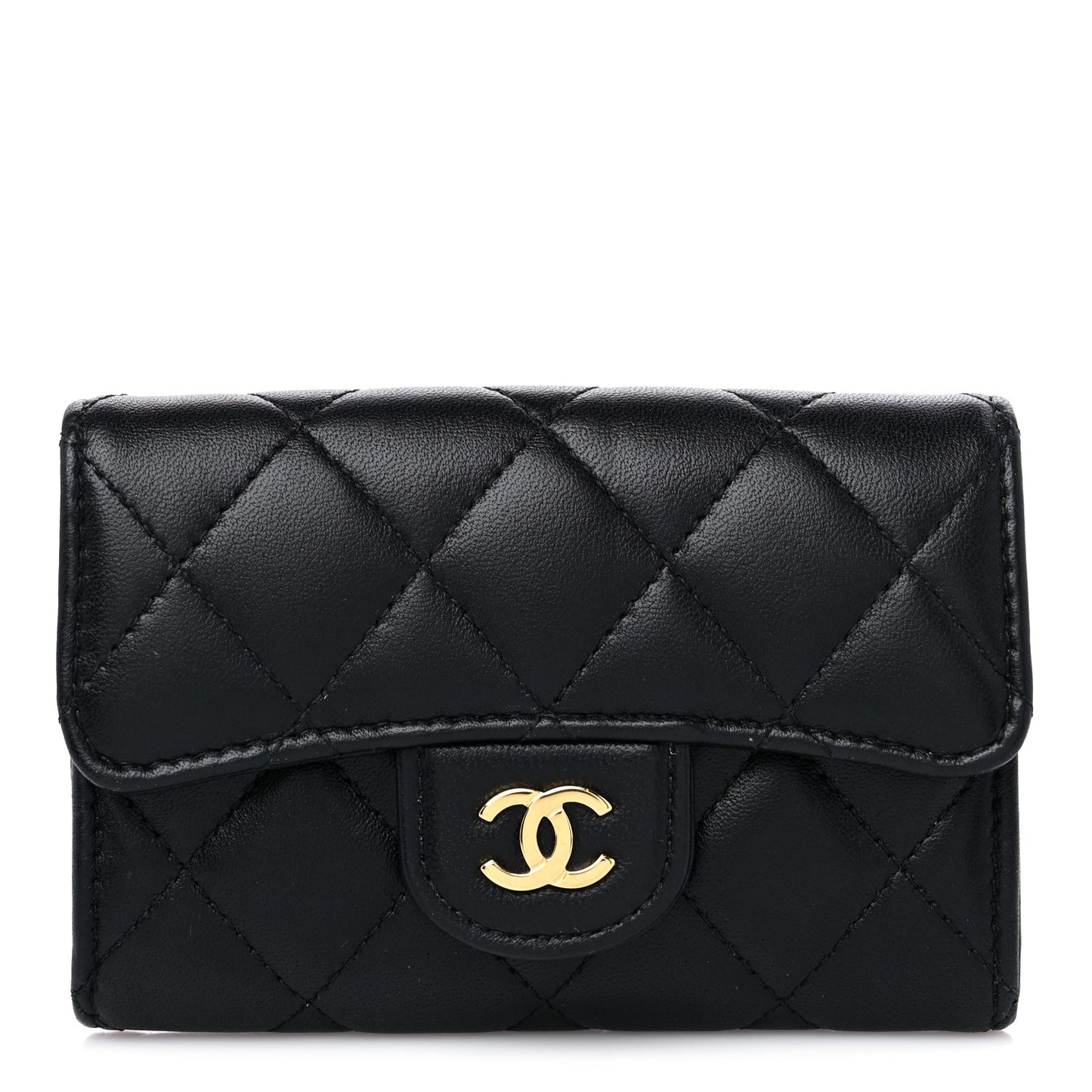 Lambskin Quilted Flap Card Holder Wallet Black