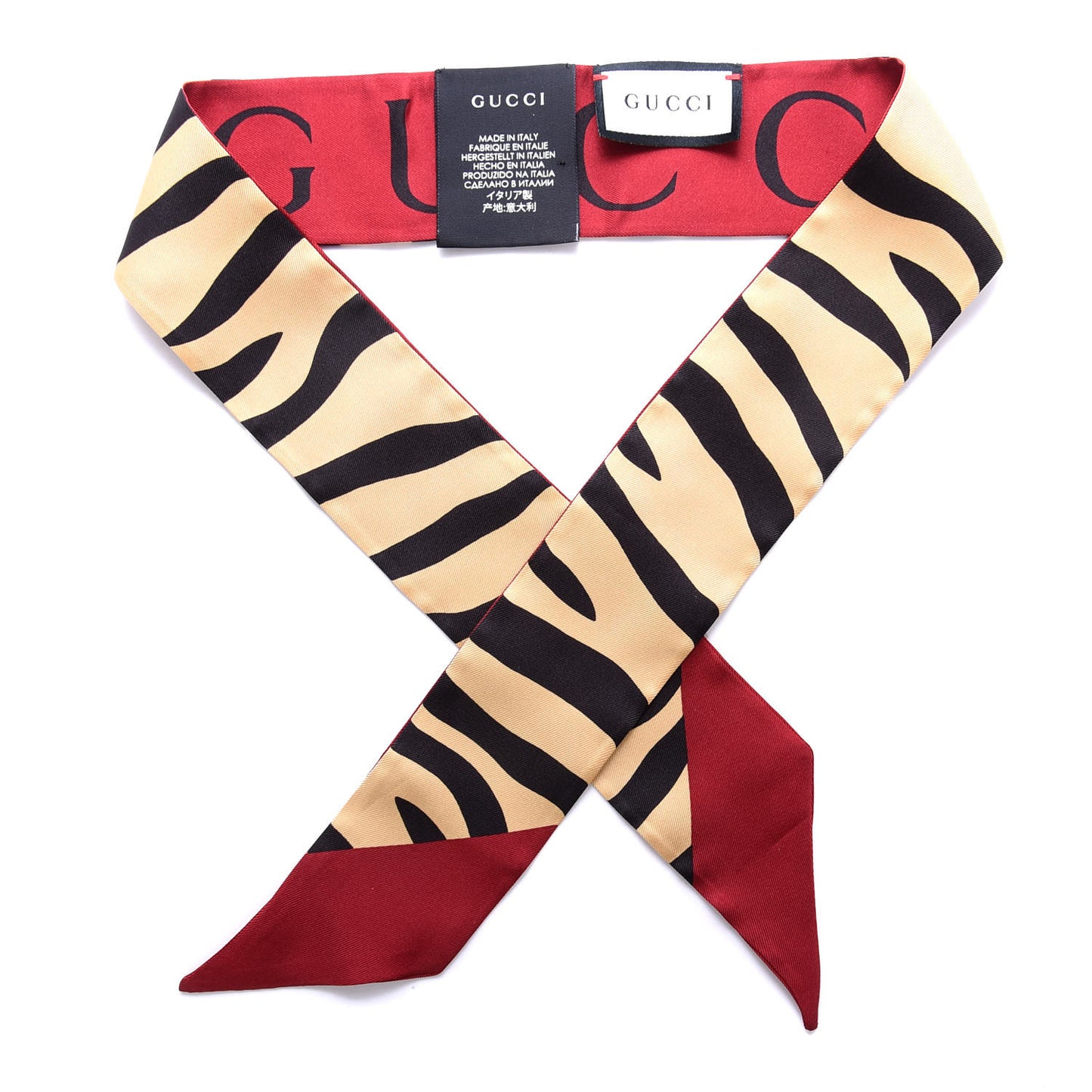 Silk Twill Tiger Print Logo Neck Bow Scarf Yellow Red