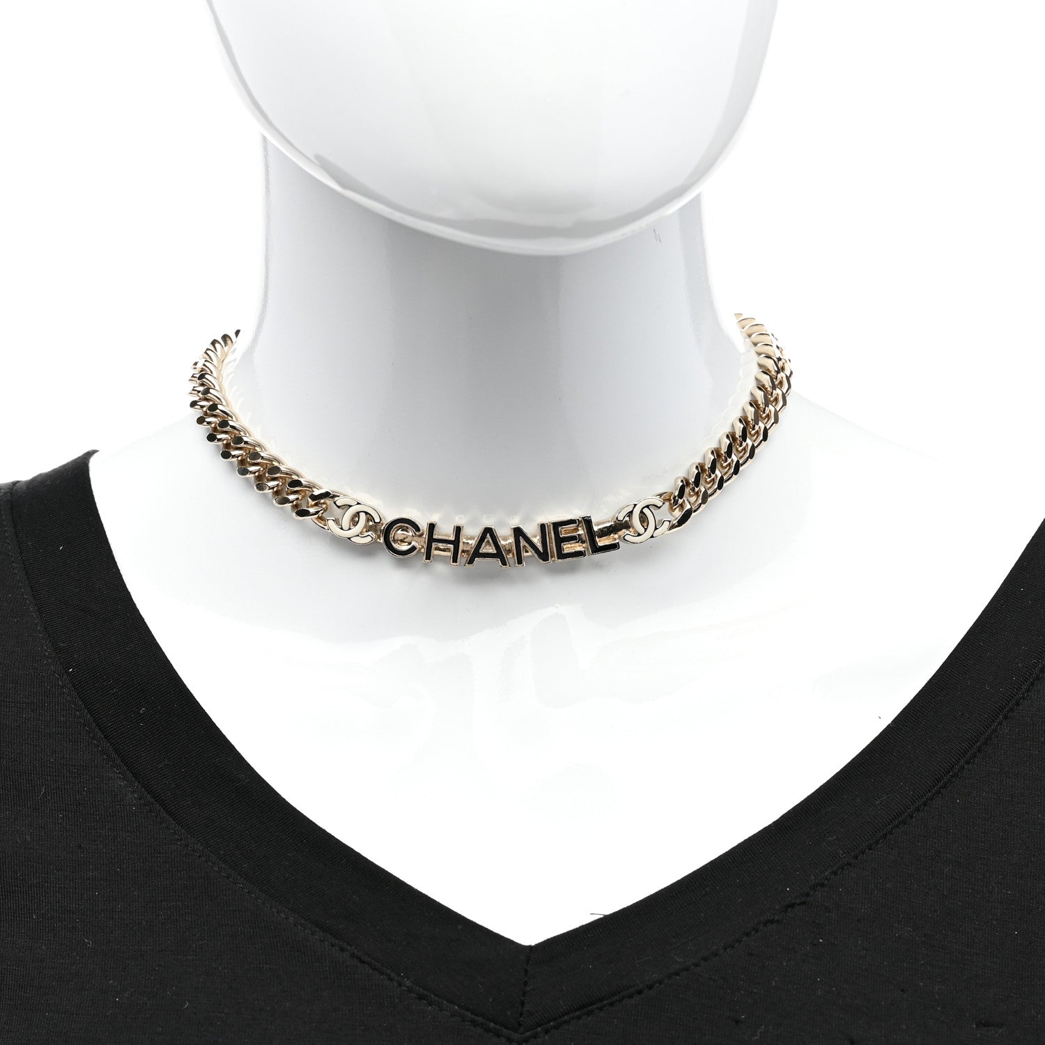 Chanel Enamel Metal Logo Choker Necklace Gold White Black 2 of 6