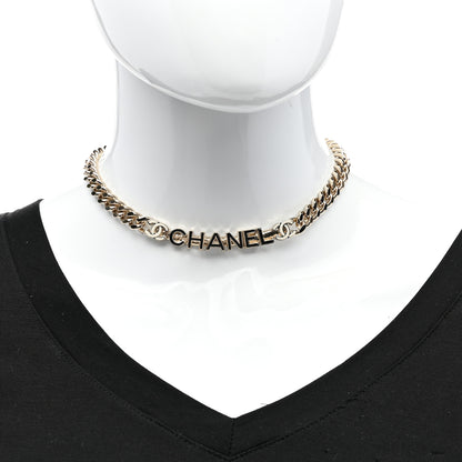 Chanel Enamel Metal Logo Choker Necklace Gold White Black 2 of 6