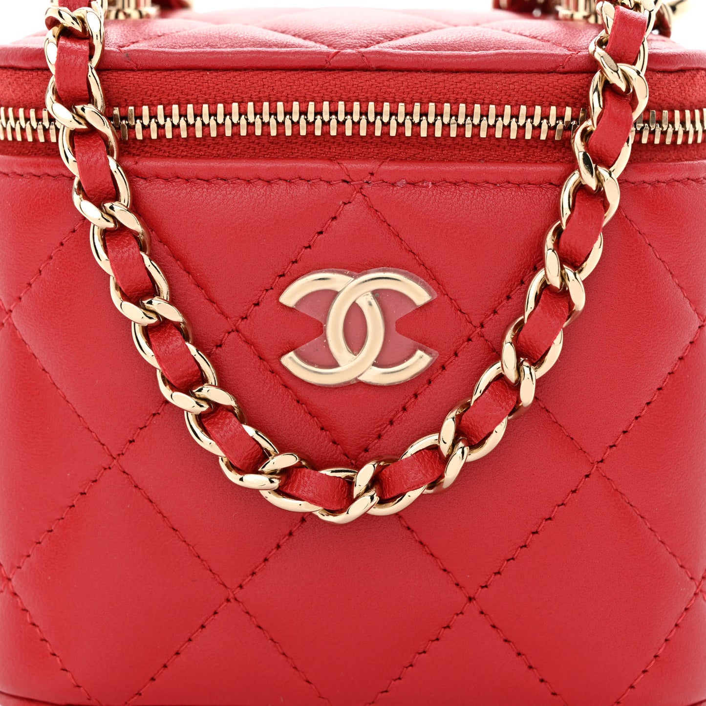 Lambskin Quilted Top Handle Mini Vanity Case With Chain Red