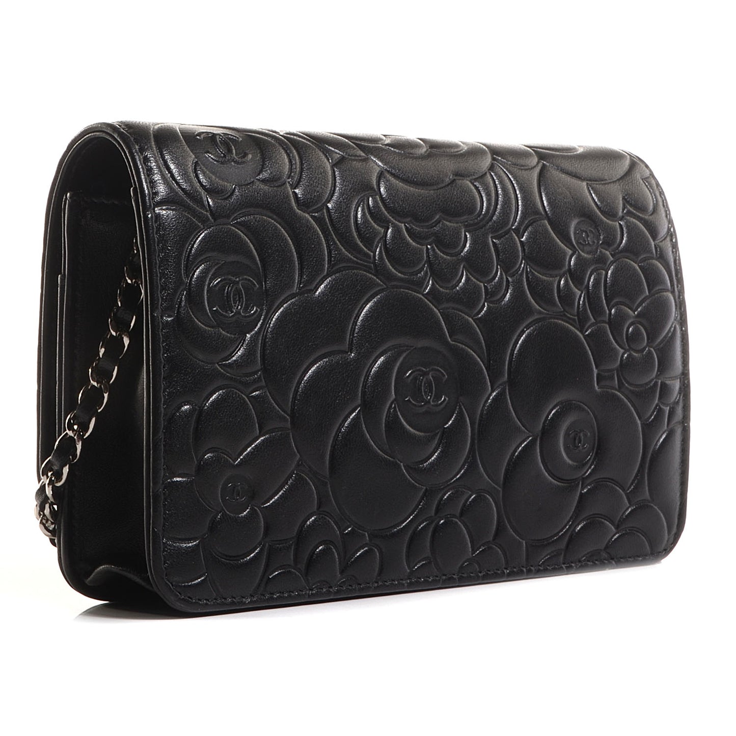 Lambskin Camellia Wallet on Chain WOC Black