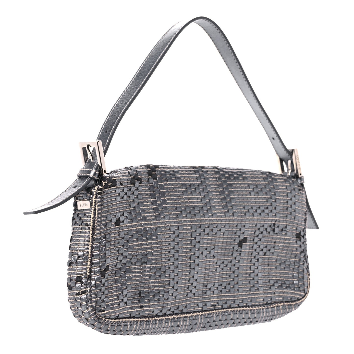 Metallic Lambskin Woven Baguette Grey