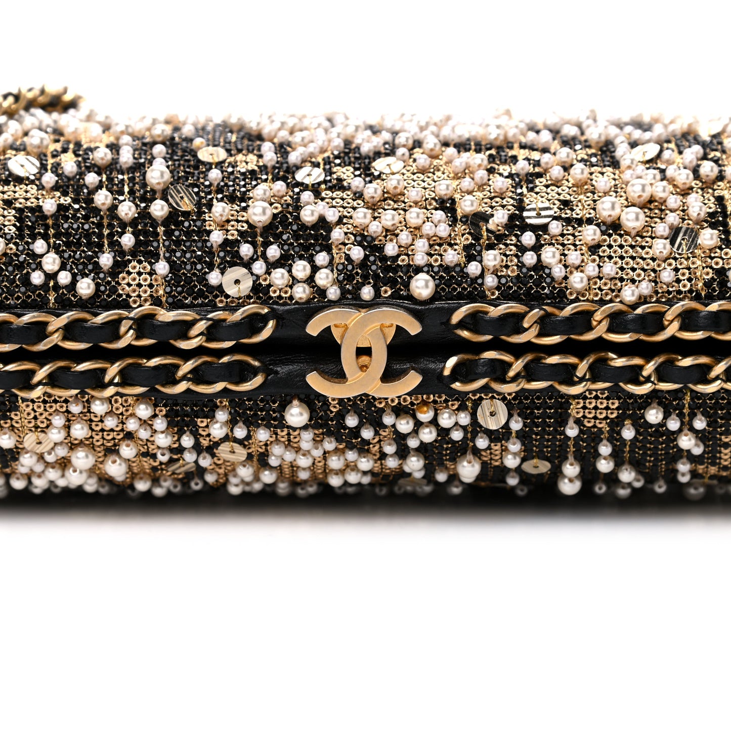 Pearl Crystal Chain Around Evening Clutch Black Gold