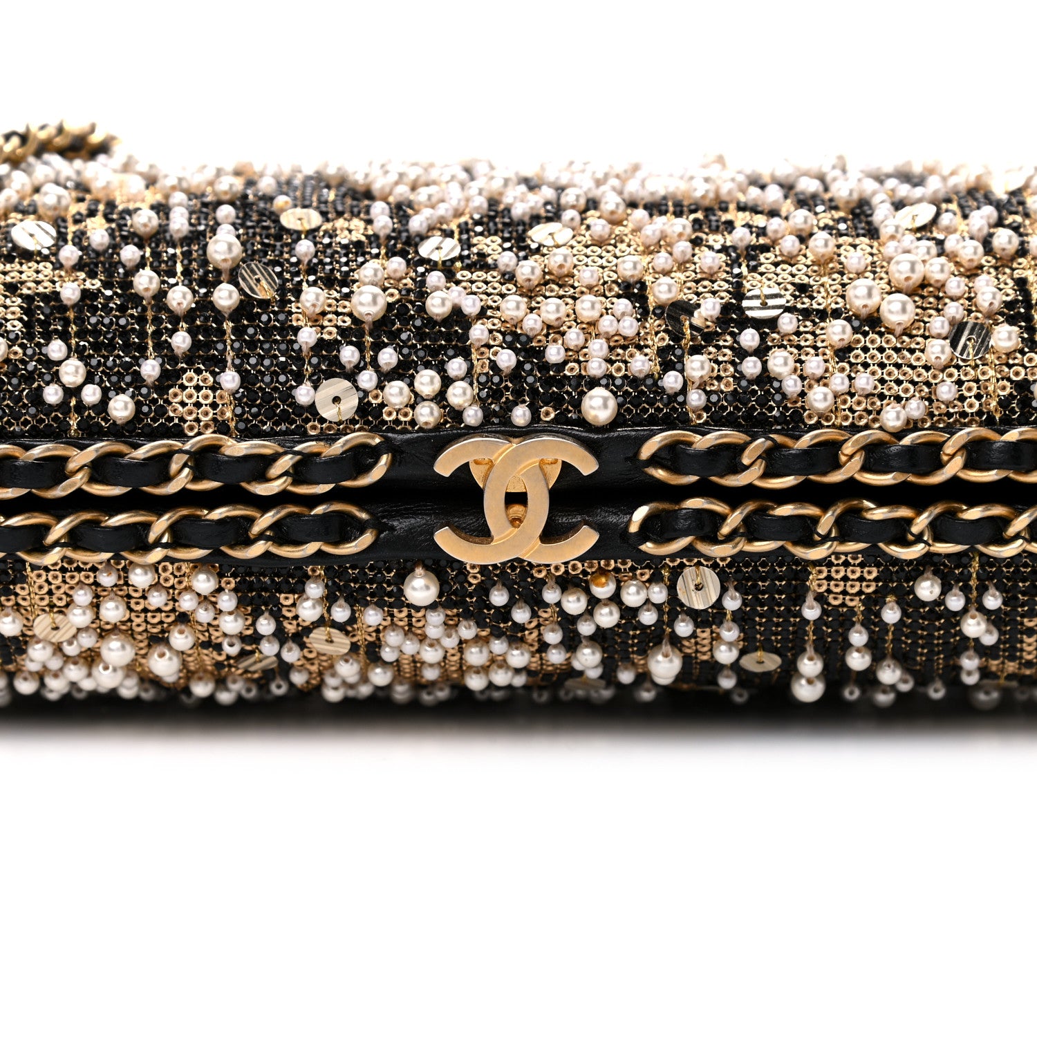 Chanel Pearl Crystal Chain Around Evening Clutch Black Gold 11 of 11