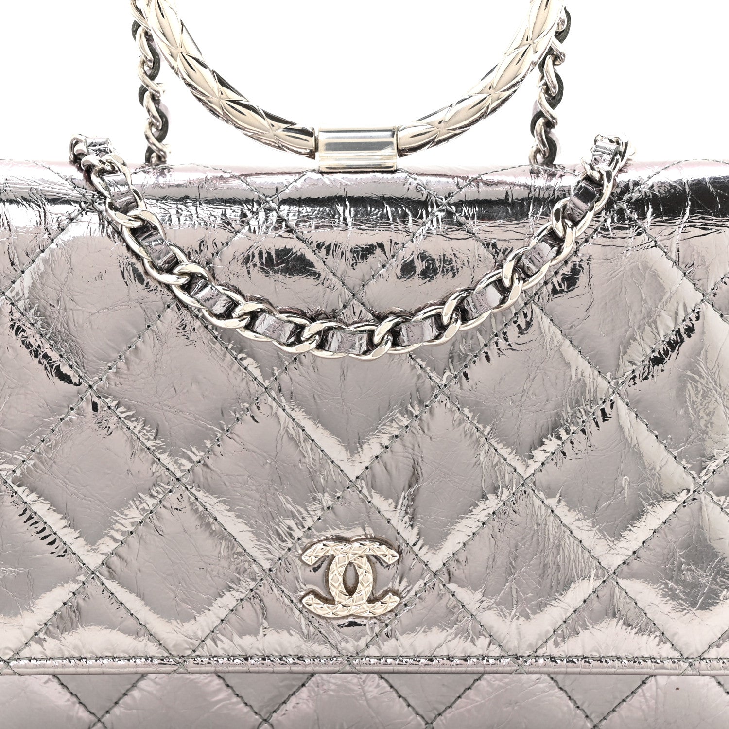 Chanel Crumpled Metallic Calfskin Quilted Ring Handle Wallet on Chain Silver 9 of 11