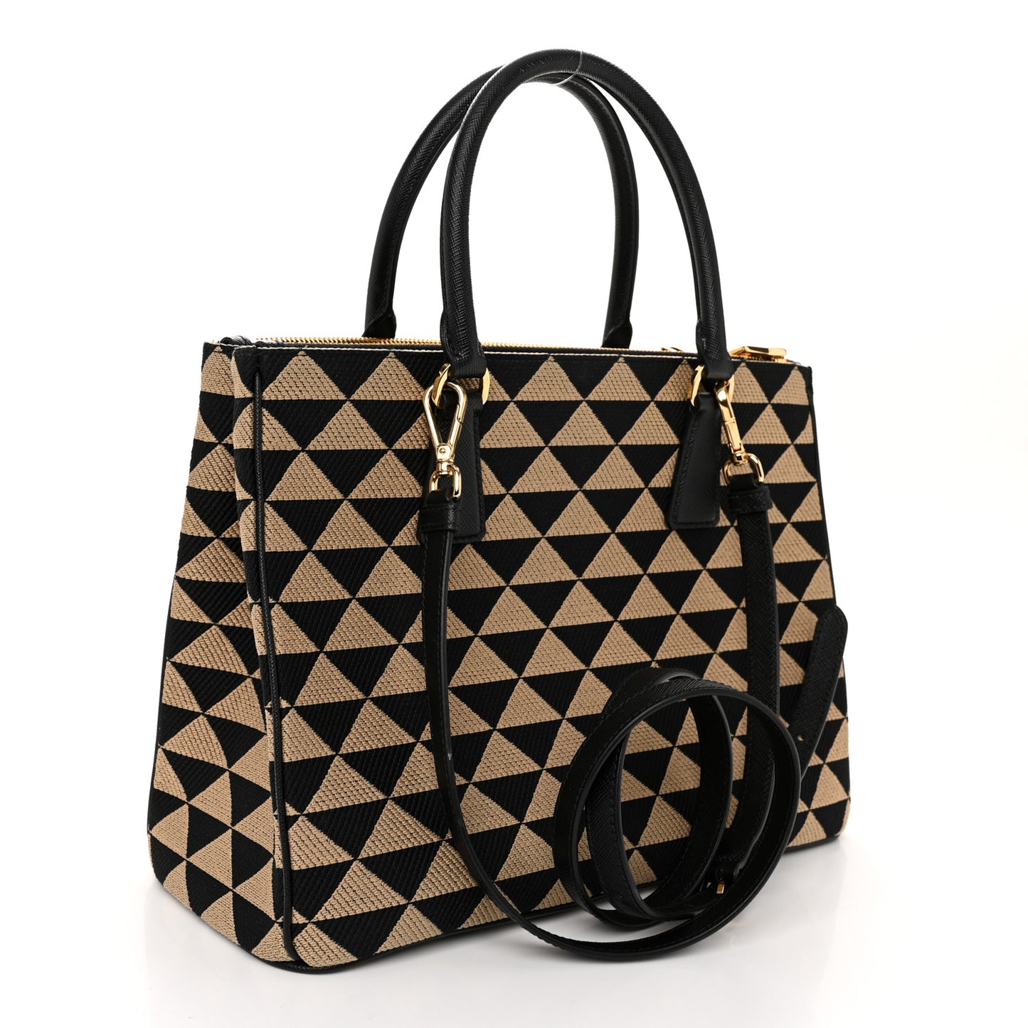 Jacquard Saffiano Triangolo Symbole Embroidered Large Double Zip Tote Black Corda