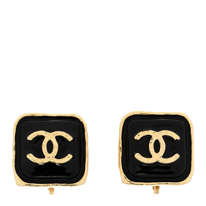 Chanel Resin CC Square Clip On Earrings Gold Black 1 of 4