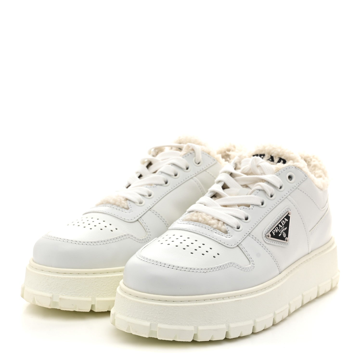 Prada Calfskin Shearling Metal Triangle Logo Sneakers 35.5 White 4 of 9