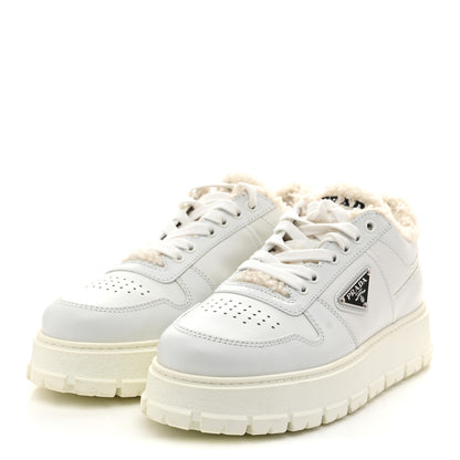 Prada Calfskin Shearling Metal Triangle Logo Sneakers 35.5 White 4 of 9