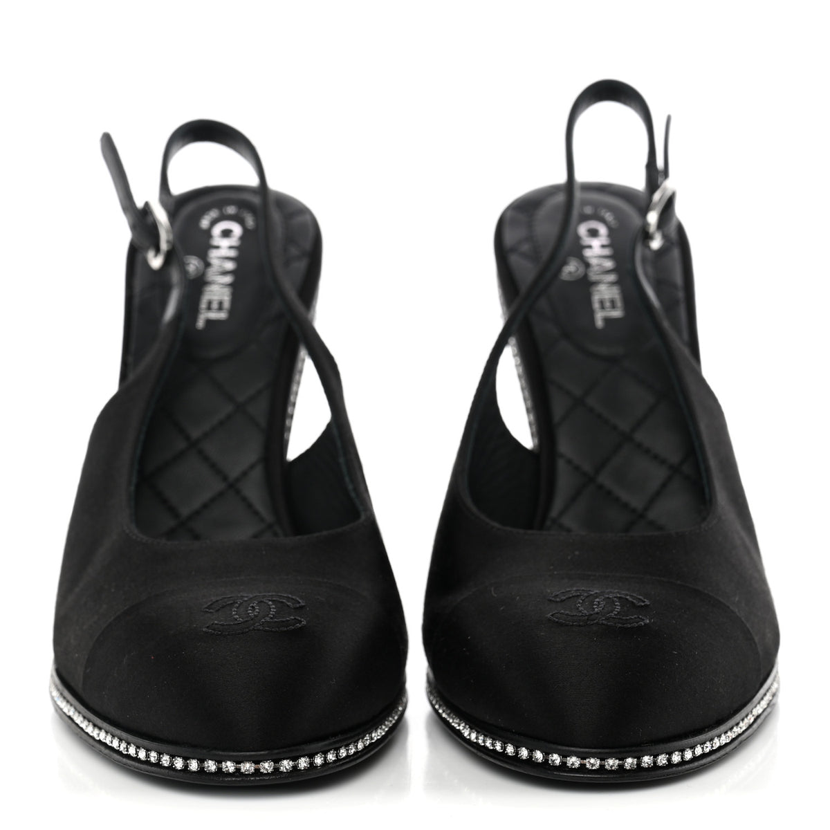 Silk Crystal Embellished Cap Toe CC Slingback Pumps 36.5 Black