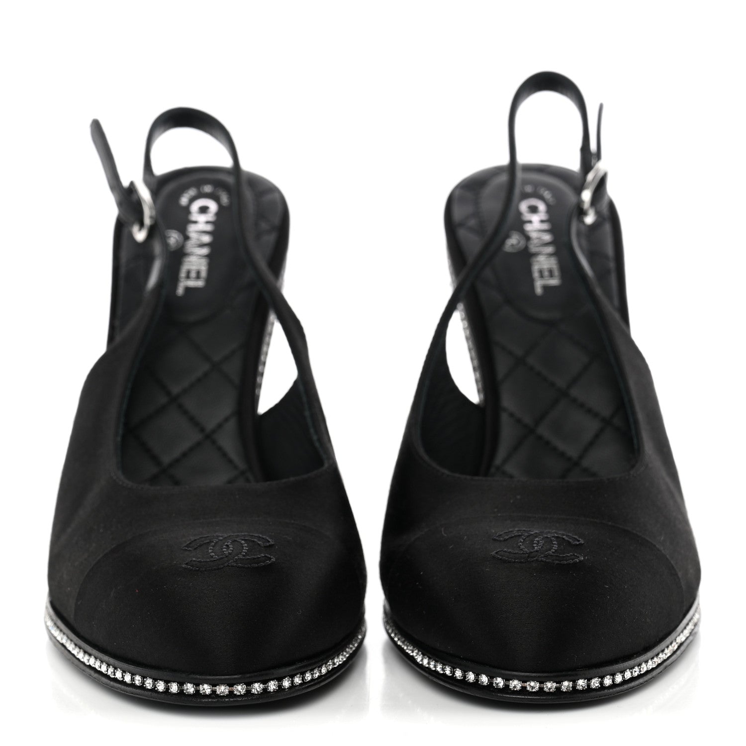 Chanel Silk Crystal Embellished Cap Toe CC Slingback Pumps 36.5 Black 4 of 10