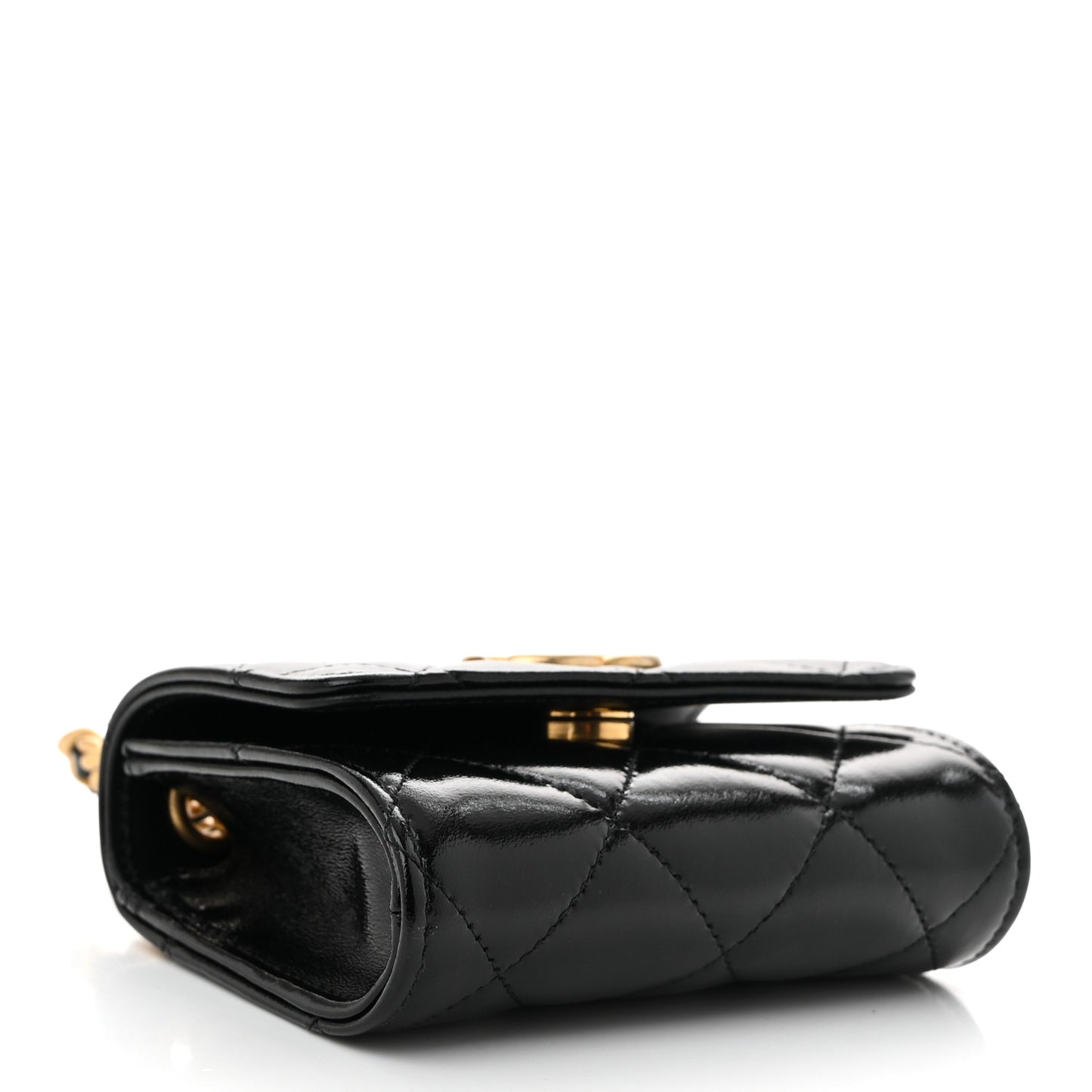 Shiny Lambskin Quilted Medallion Card Holder On Chain Black