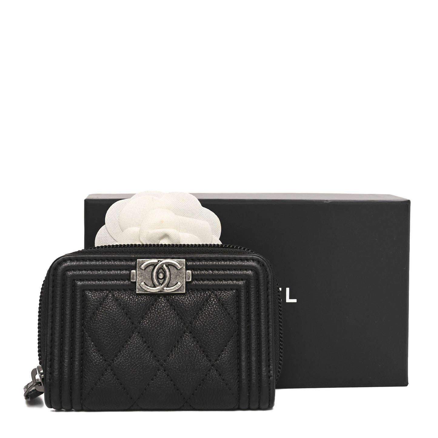 Grained Calfskin Quilted Boy Zip Around Coin Purse Wallet Black